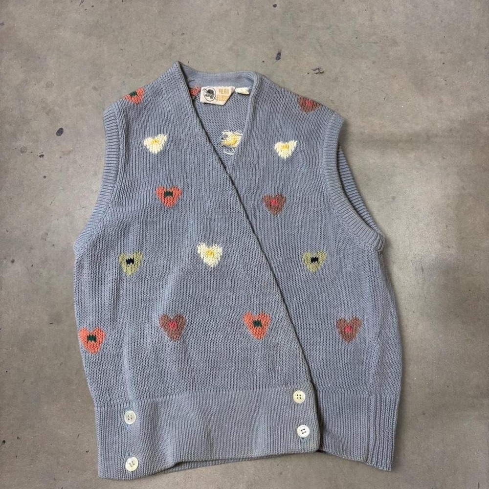 Vintage 80s Alan Flusser Blue Heart Sweater Vest Cardigan Womens Large